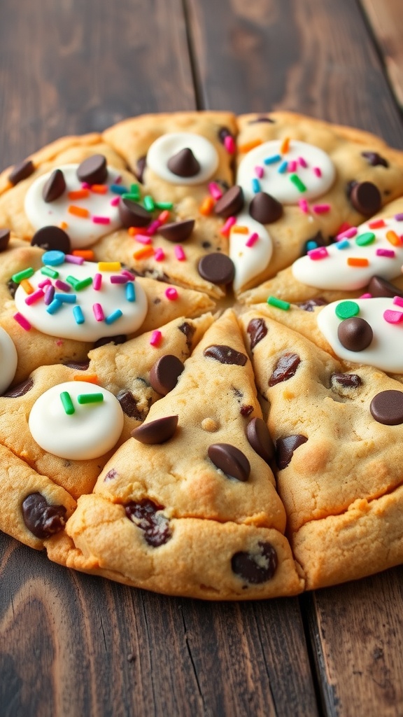 A chocolate chip cookie pizza topped with frosting and colorful sprinkles, sliced into wedges on a rustic table.